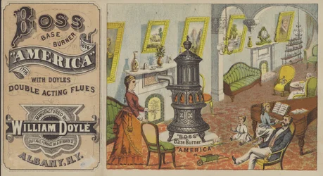 Familie aus dem späten 19. Jahrhundert entspannt sich zu Hause um einen großen Ofen